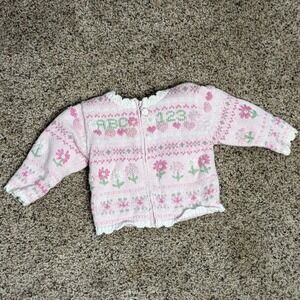 Vintage Baby Girl Hand Knit Hartstrings Pink ABC Sweater Zip Up 6 Months Floral